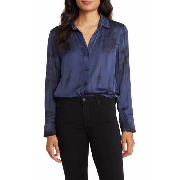 NEW BELLA DAHL flowy button down shirt in blue alligator dye - Picture 1 of 2